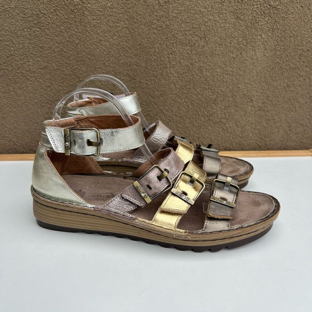 Naot Begonia Sandals Metallic Silver Gold Buckle Platform Size 41 US 10-10.5